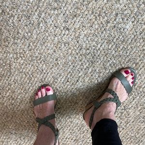TALBOTS, Leather Cork Heeled Sandals , 8.5, Sage Green